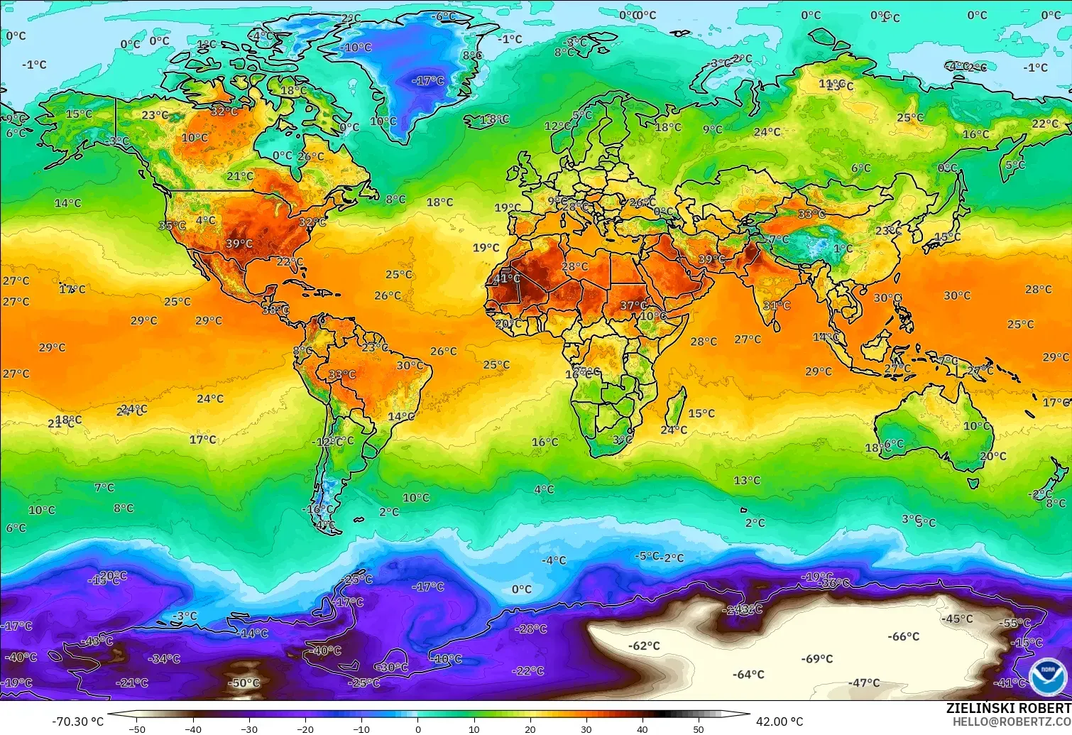GFS モデル - 世界, 気温（2m）