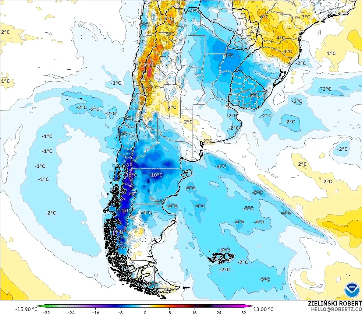 GFS モデル - アルゼンチン, 気温異常（2m）