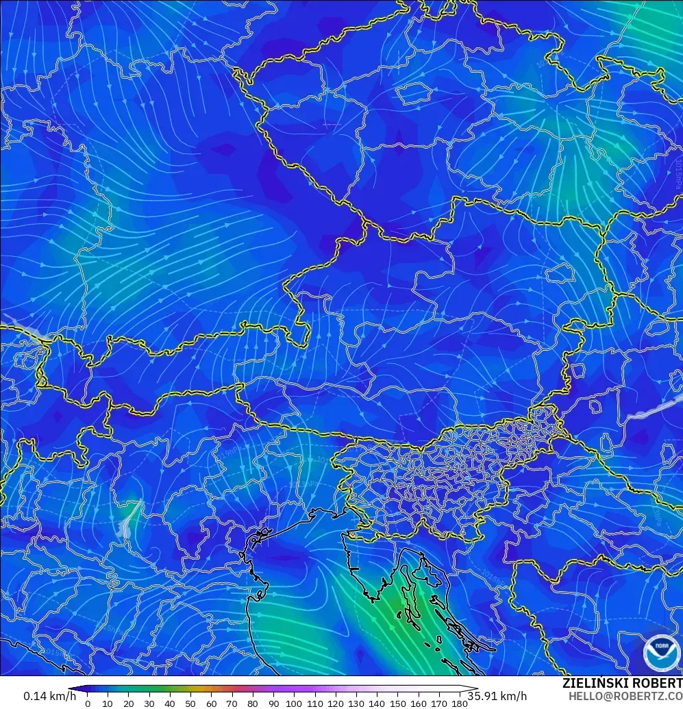 GFS モデル - オーストリア, 風速（10m）