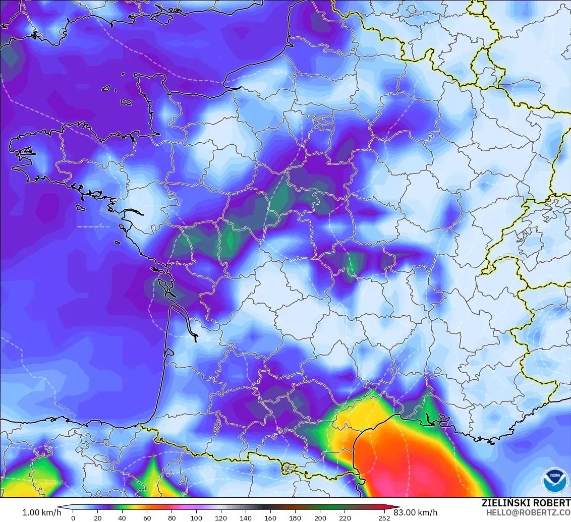 GFS モデル - フランス, 突風（最大）