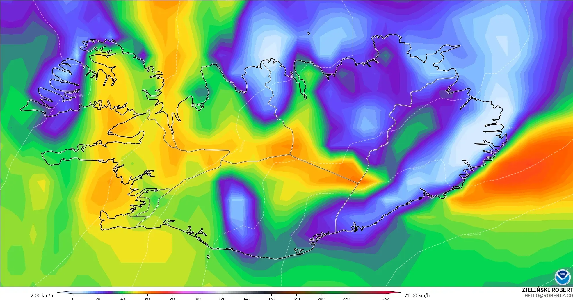 GFS モデル - アイスランド, 突風（最大）