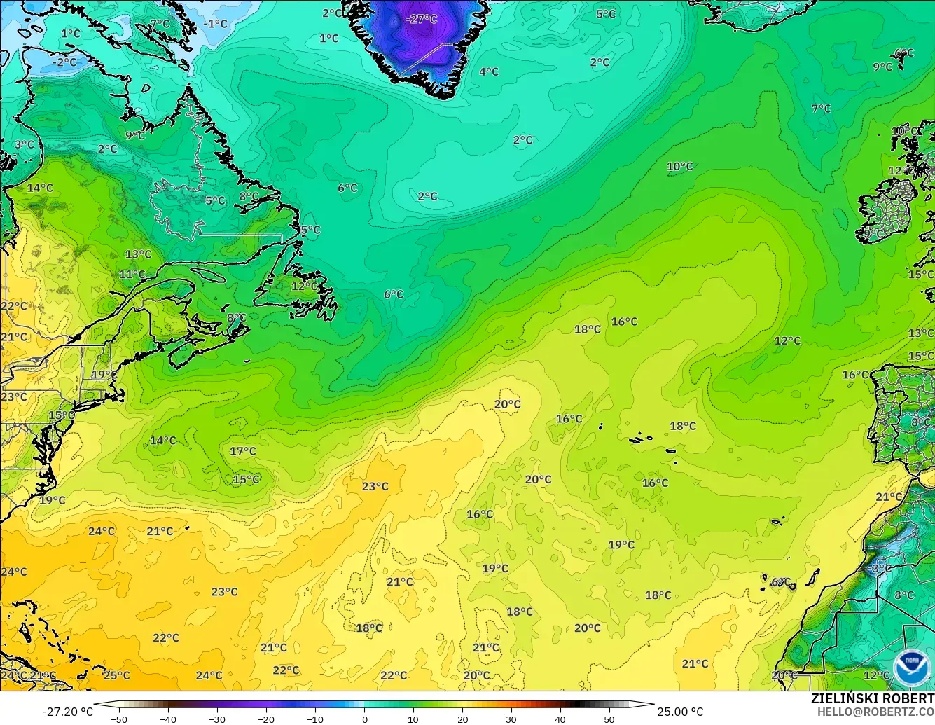 GFS モデル - 北大西洋, 露点温度（2m）
