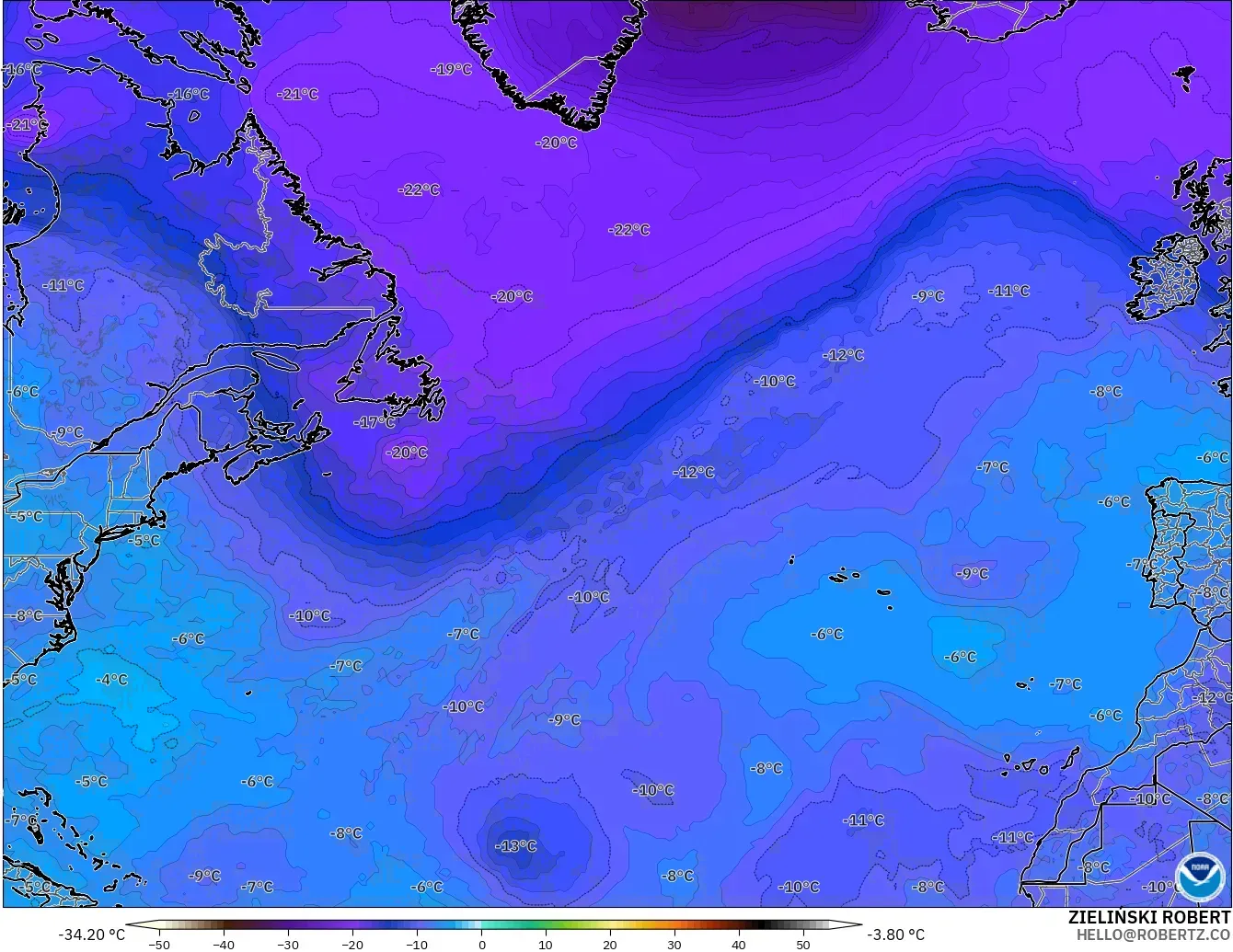 GFS モデル - 北大西洋, 気温（500hPa）
