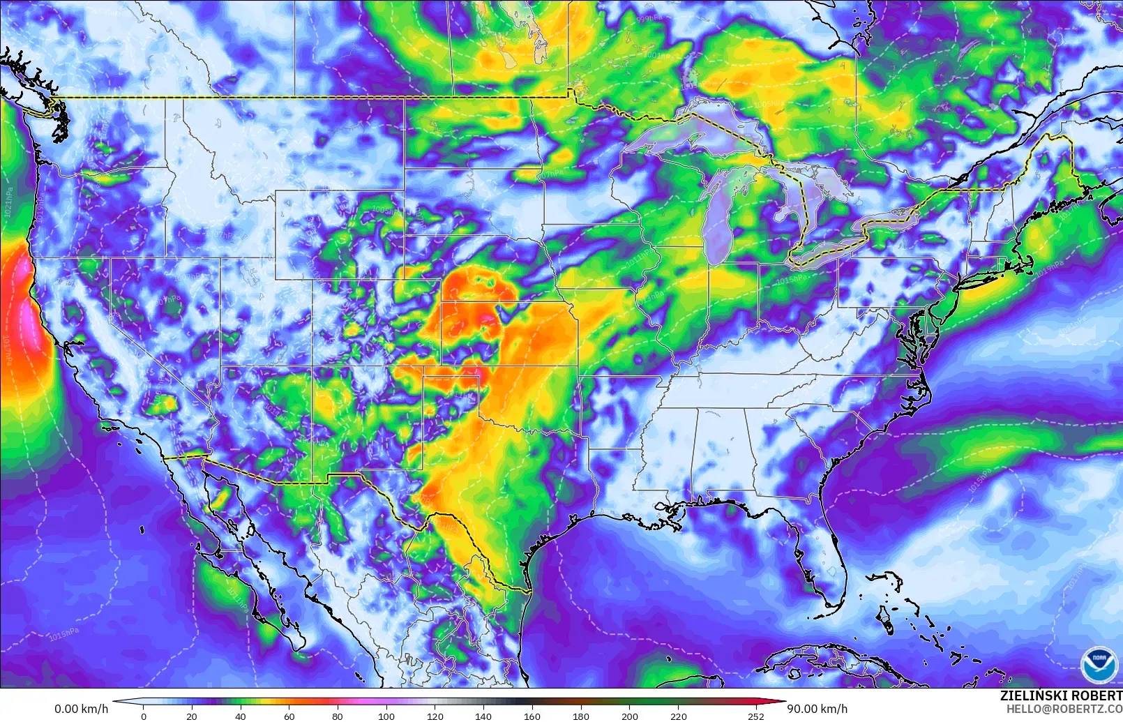 GFS モデル - アメリカ合衆国, 突風（最大）