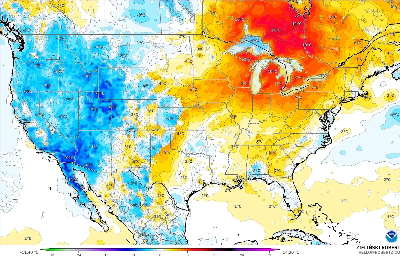 GFS モデル - アメリカ合衆国, 気温異常（2m）