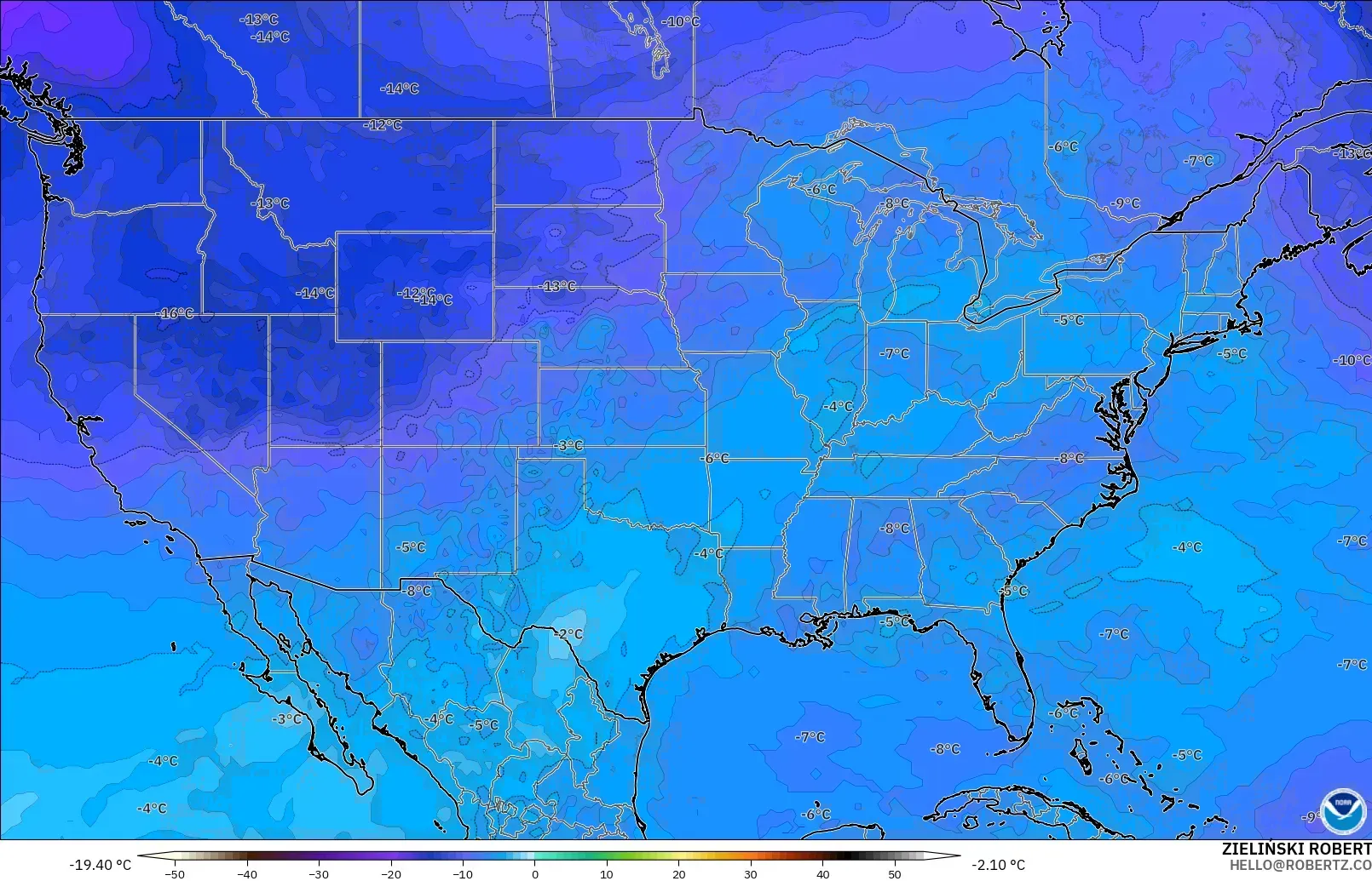 GFS モデル - アメリカ合衆国, 気温（500hPa）