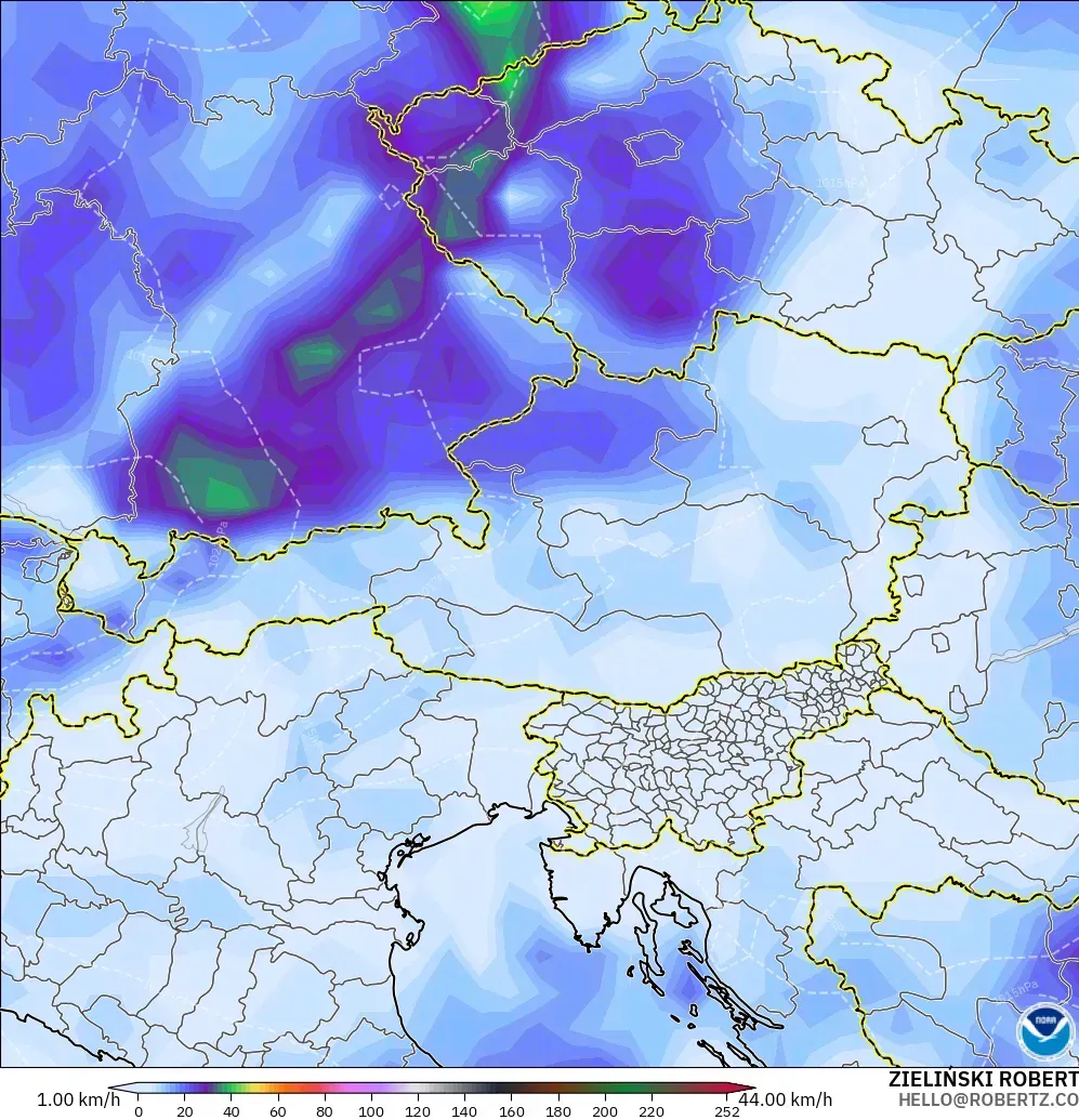 GFS モデル - オーストリア, 突風（最大）