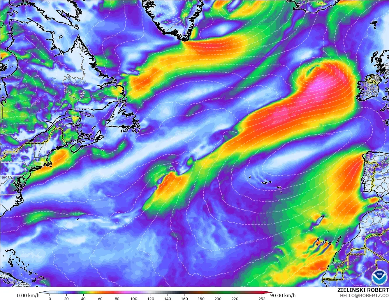 GFS モデル - 北大西洋, 突風