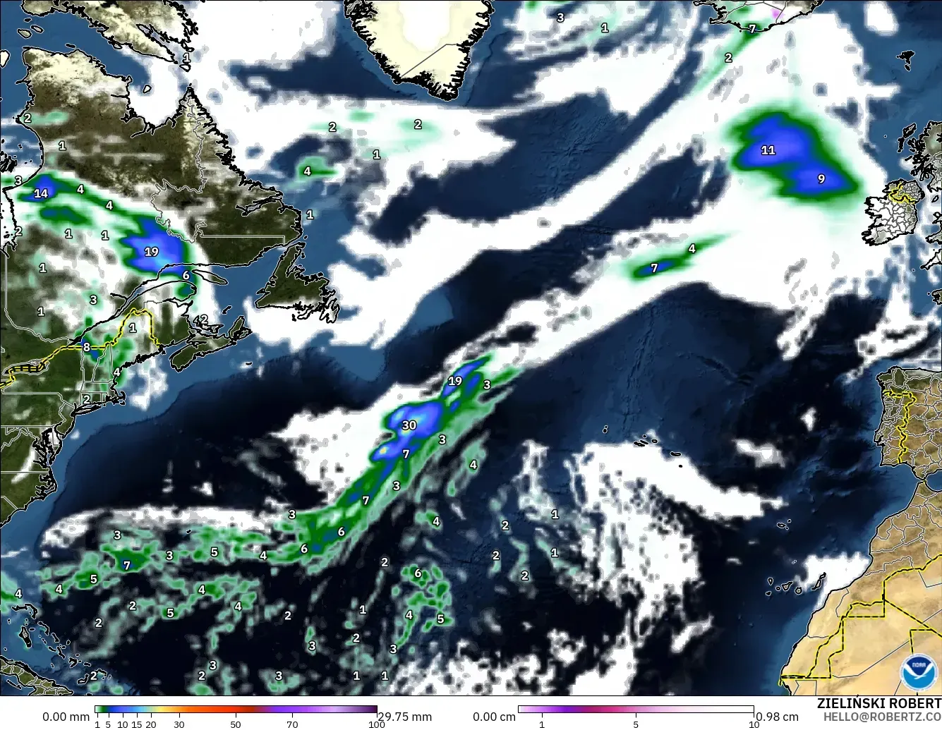 GFS モデル - 北大西洋, 降水量、雲、気圧