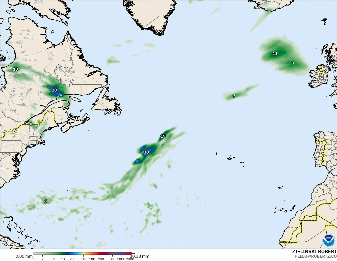 GFS モデル - 北大西洋, 降水量の合計
