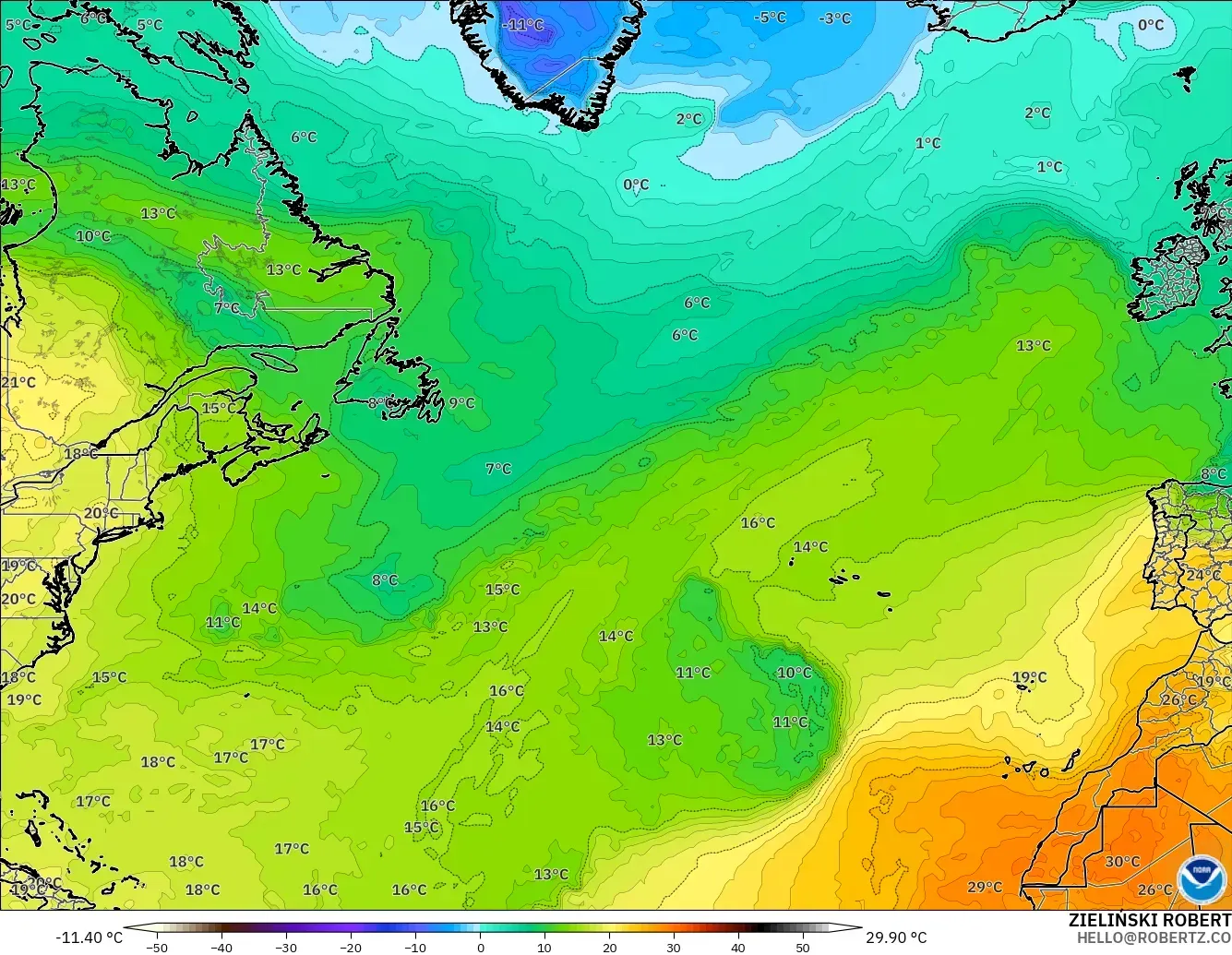 GFS モデル - 北大西洋, 気温（850hPa）