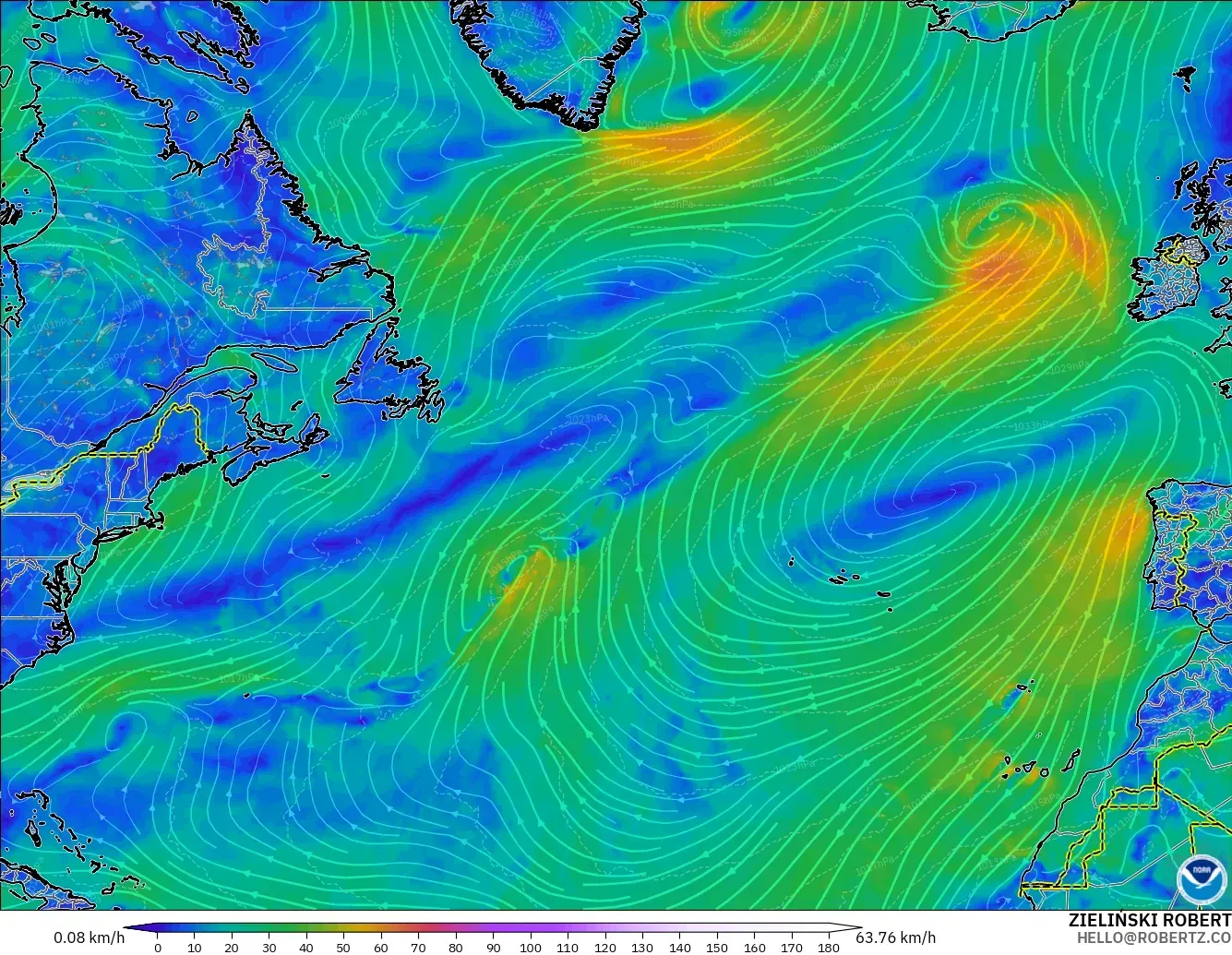 GFS モデル - 北大西洋, 風速（10m）
