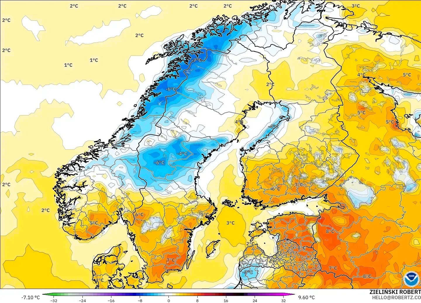 GFS モデル - スカンジナビア, 気温異常（2m）