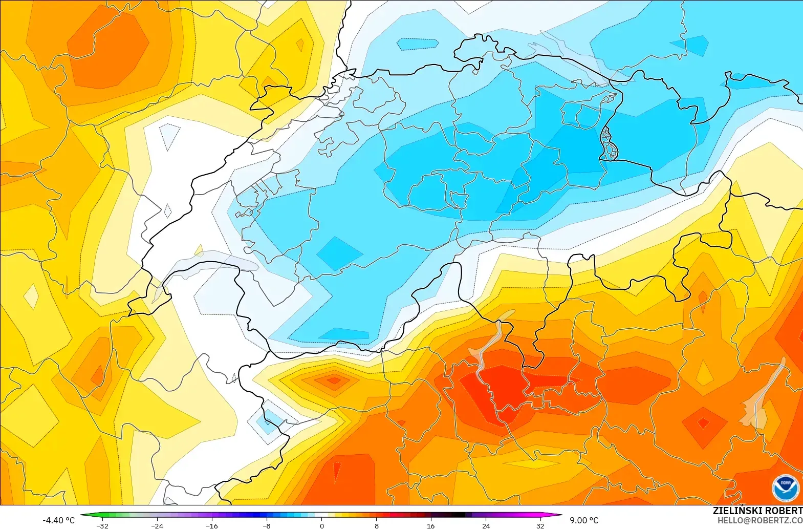 GFS モデル - スイス, 気温異常（2m）