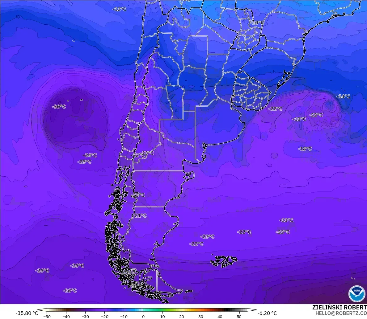 GFS モデル - アルゼンチン, 気温（500hPa）
