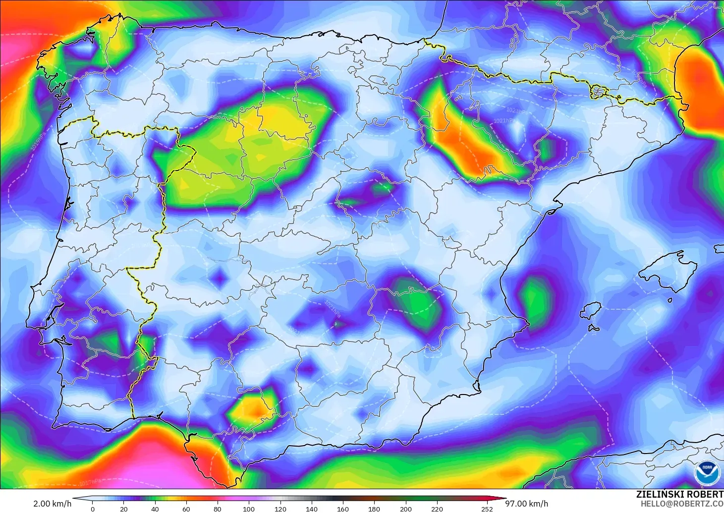 GFS モデル - スペイン, 突風（最大）