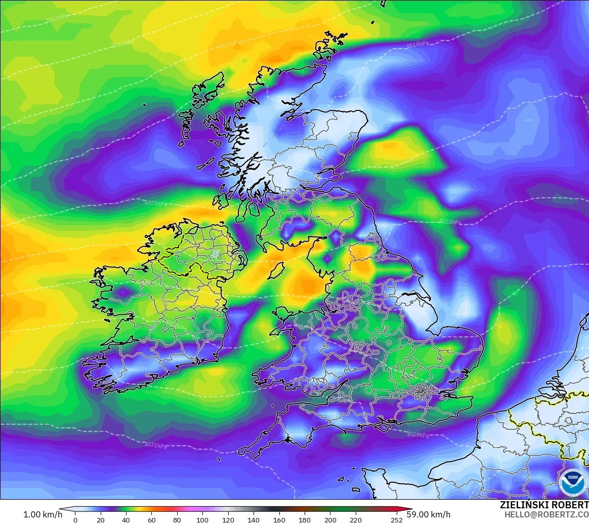 GFS モデル - イギリス, 突風（最大）