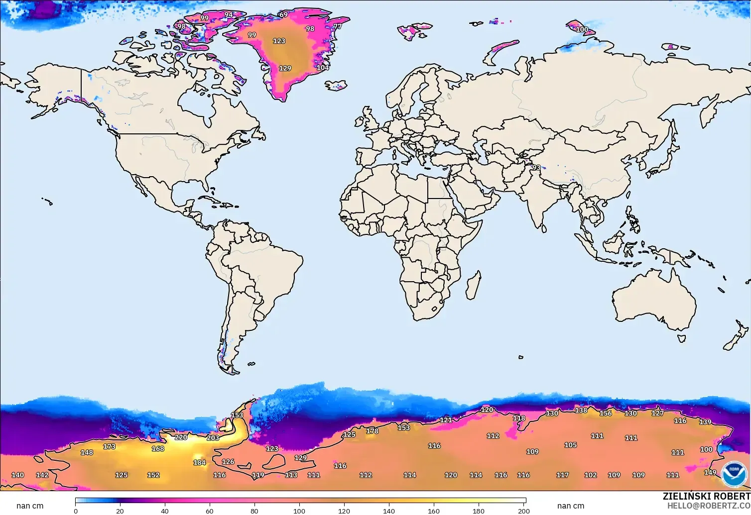 GFS モデル - 世界, 積雪深