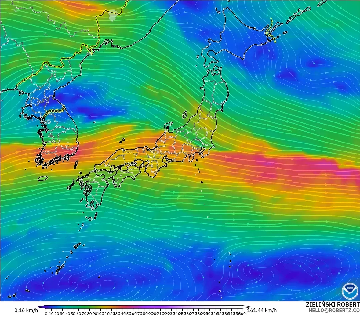 GFS モデル - 日本, 風速（300hPa）