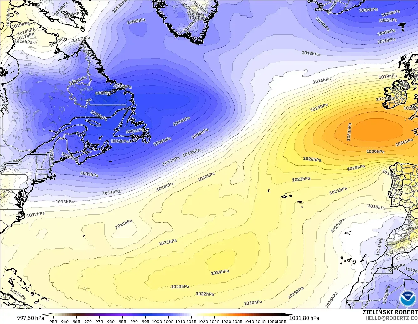 GFS モデル - 北大西洋, 気圧