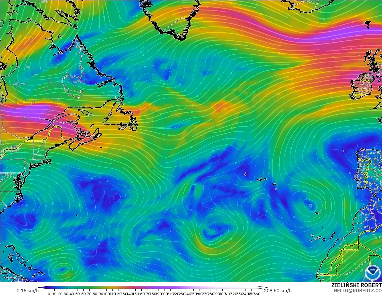 GFS モデル - 北大西洋, 風速（300hPa）