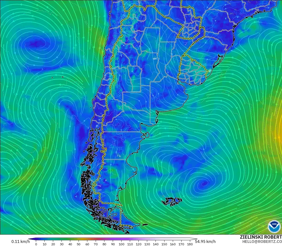 GFS モデル - アルゼンチン, 風速（10m）
