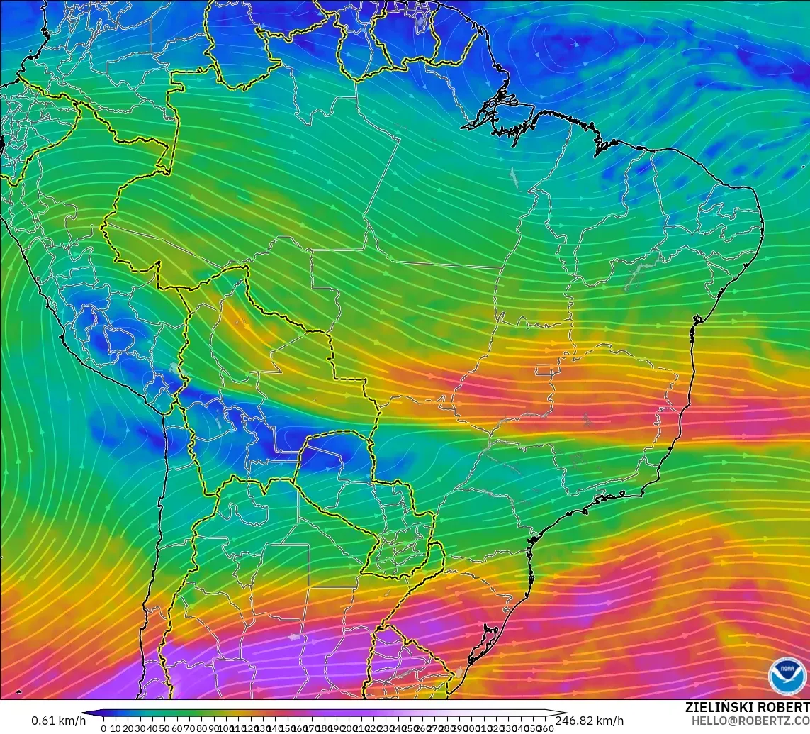 GFS モデル - ブラジル, 風速（300hPa）