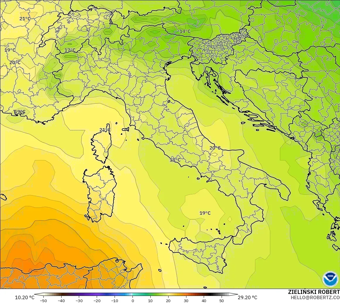 GFS モデル - イタリア, 気温（850hPa）