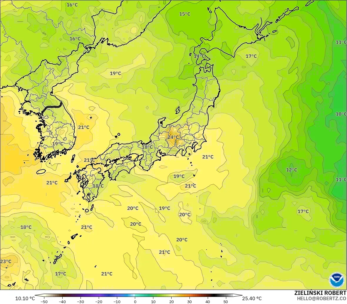 GFS モデル - 日本, 気温（850hPa）
