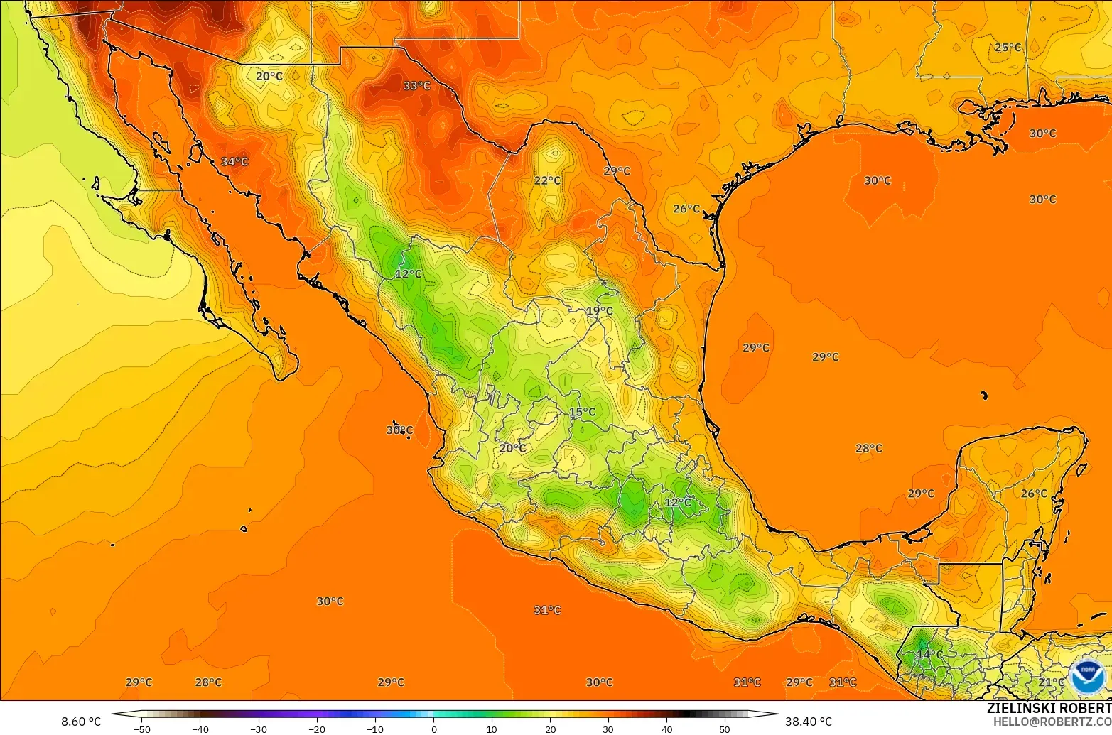 GFS モデル - メキシコ, 気温（2m）