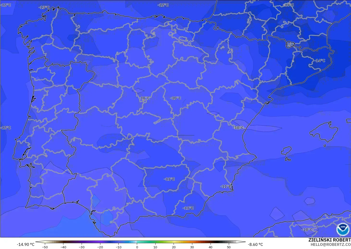 GFS モデル - スペイン, 気温（500hPa）