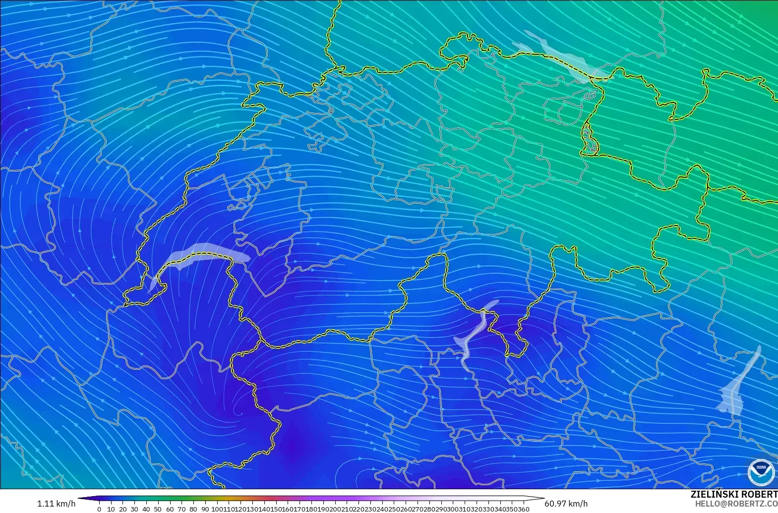 GFS モデル - スイス, 風速（300hPa）