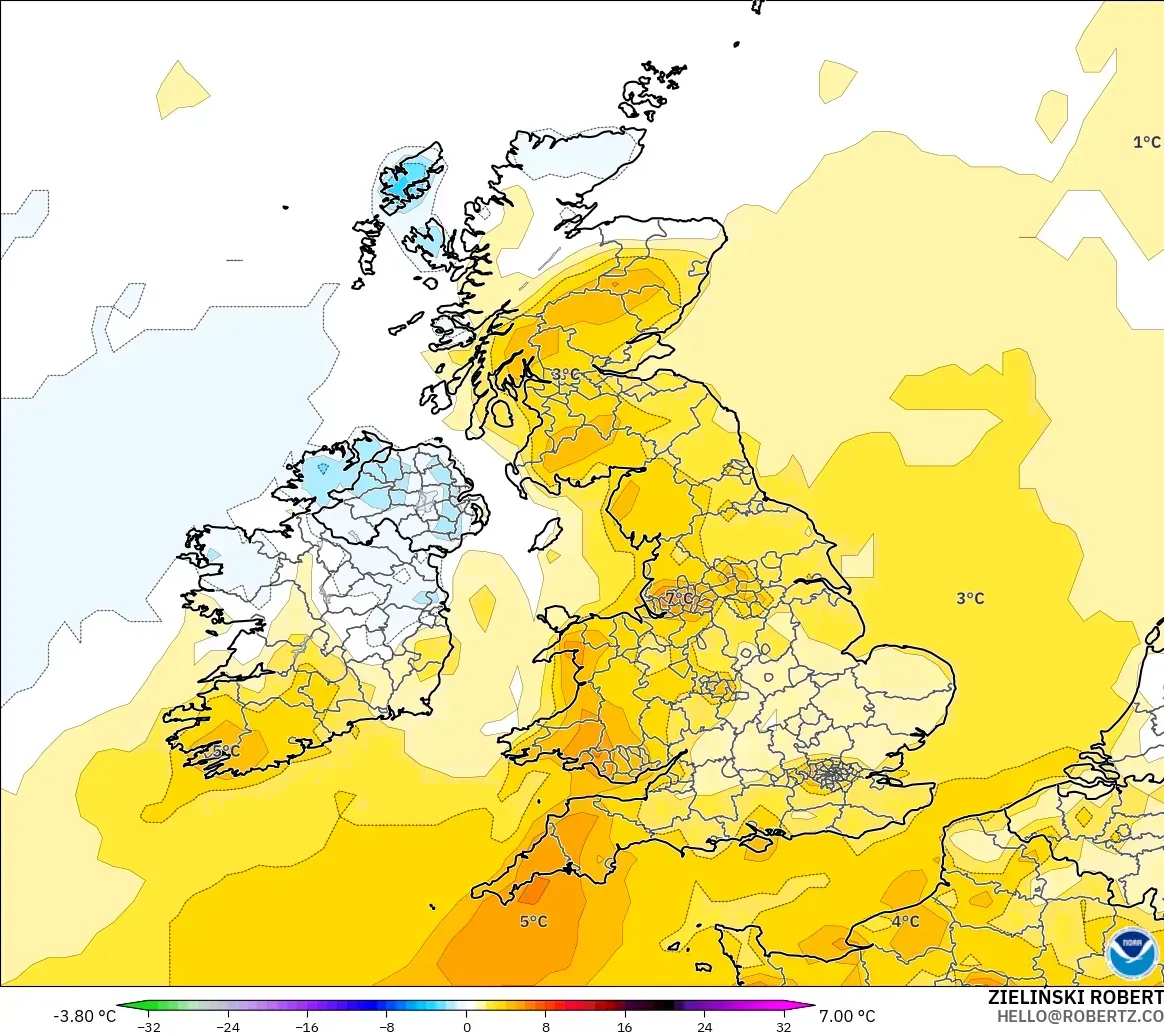 GFS モデル - イギリス, 気温異常（2m）