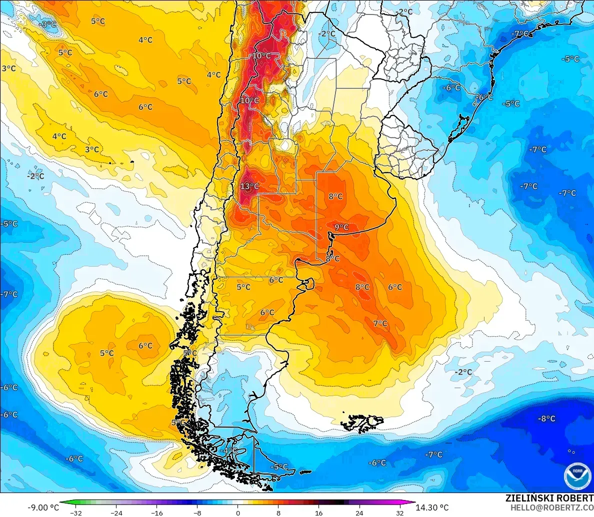 GFS モデル - アルゼンチン, 気温異常（850hPa）