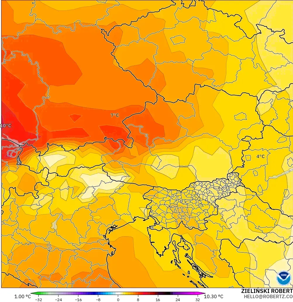 GFS モデル - オーストリア, 気温異常（850hPa）