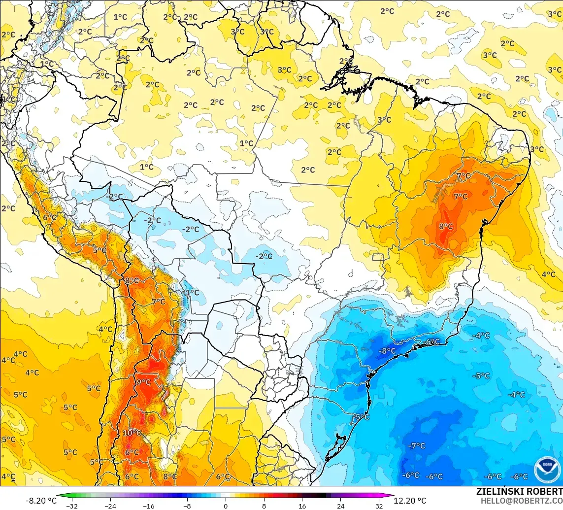 GFS モデル - ブラジル, 気温異常（850hPa）