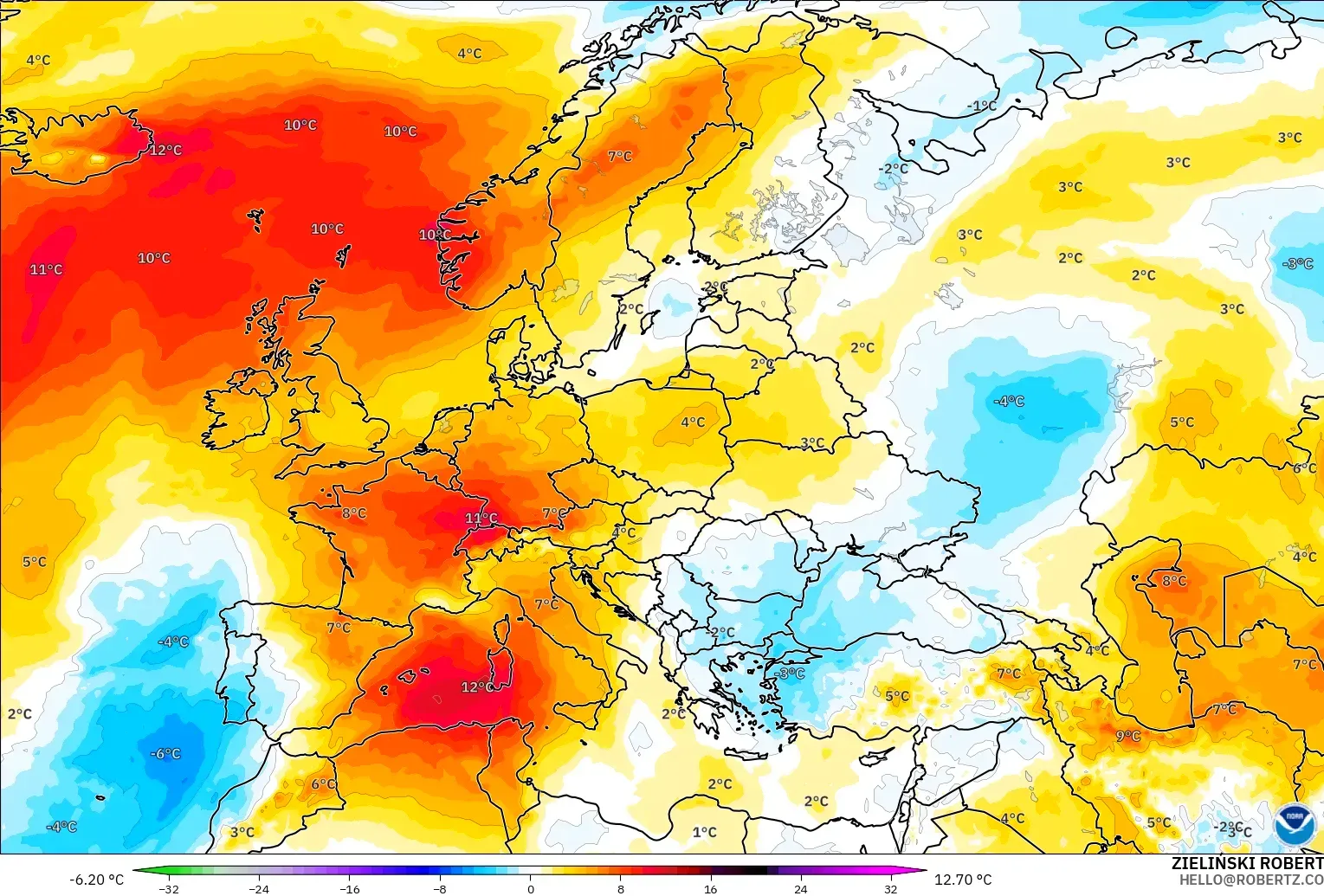GFS モデル - ヨーロッパ, 気温異常（850hPa）