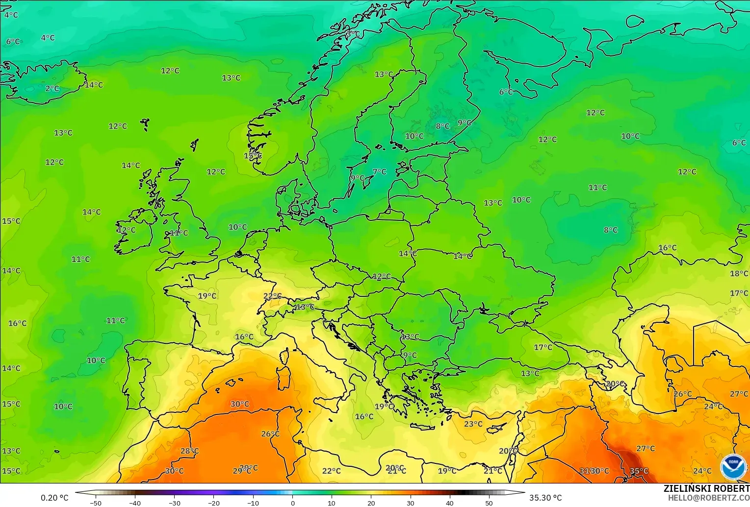 GFS モデル - ヨーロッパ, 気温（850hPa）