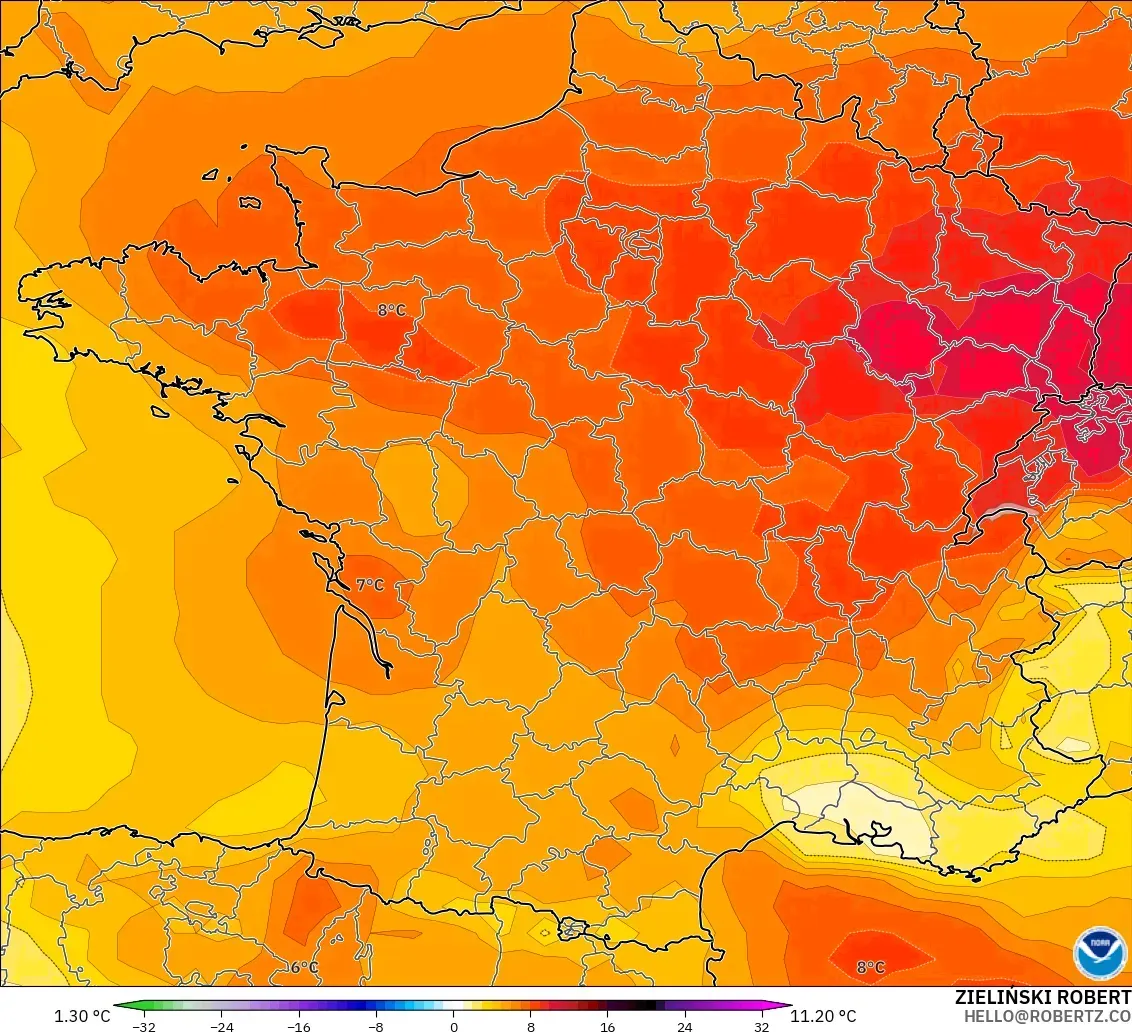 GFS モデル - フランス, 気温異常（850hPa）