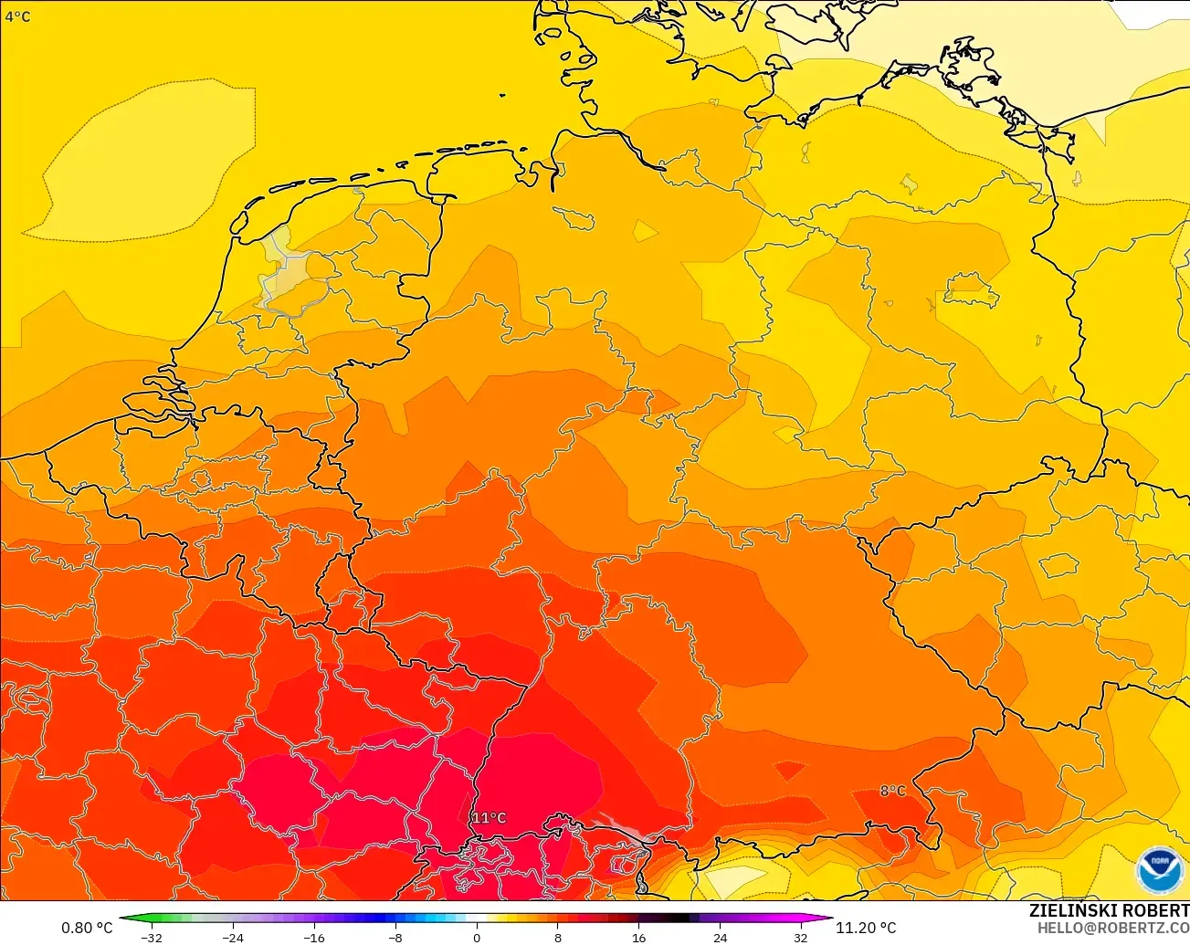 GFS モデル - ドイツ, 気温異常（850hPa）