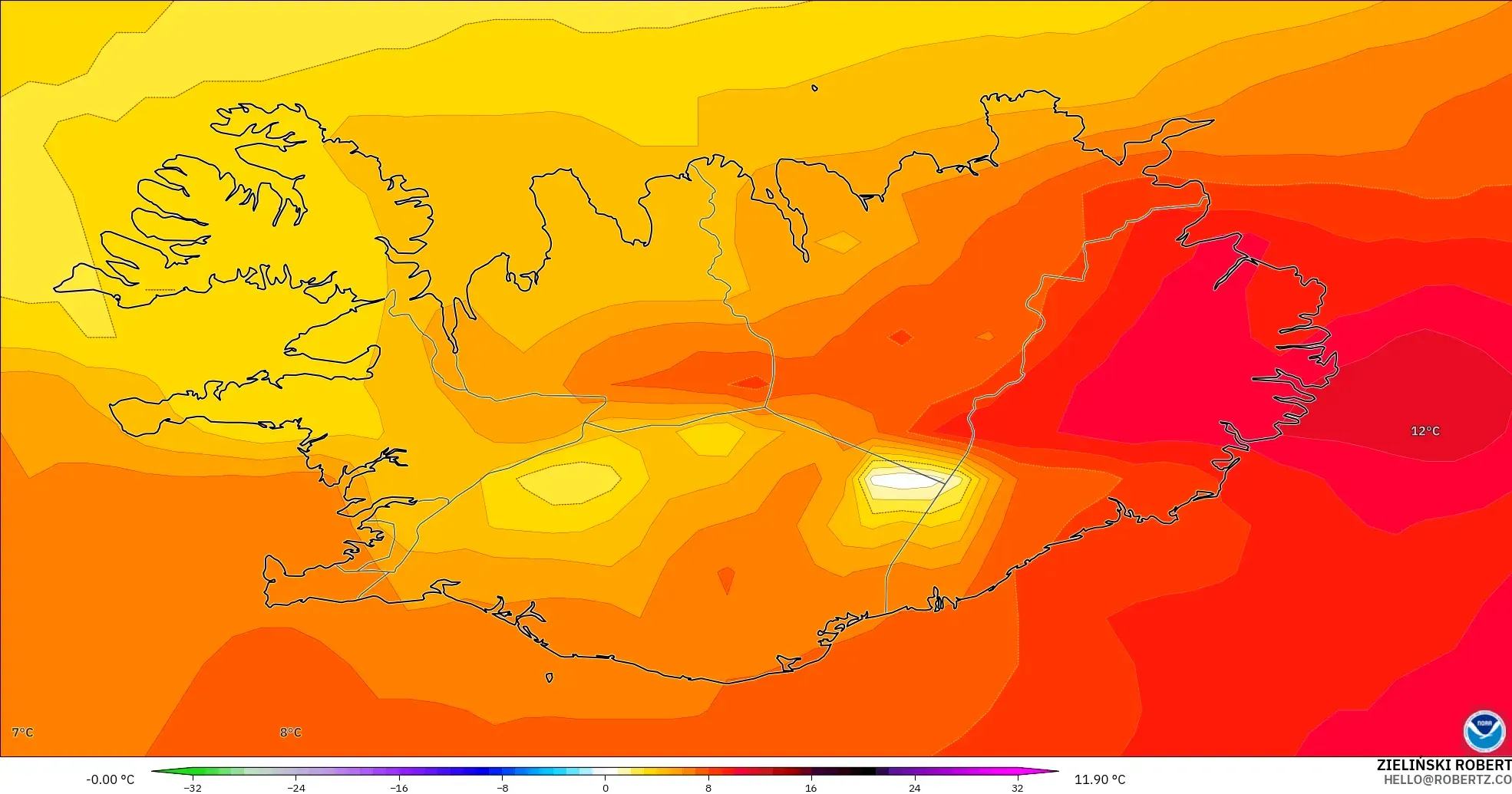 GFS モデル - アイスランド, 気温異常（850hPa）