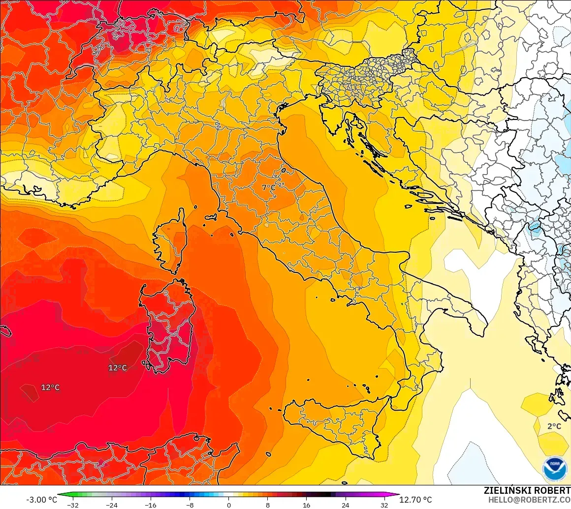 GFS モデル - イタリア, 気温異常（850hPa）