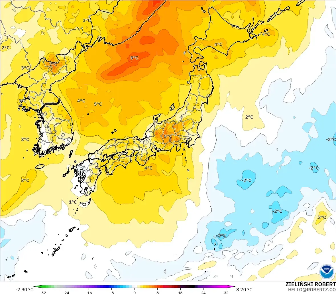 GFS モデル - 日本, 気温異常（850hPa）
