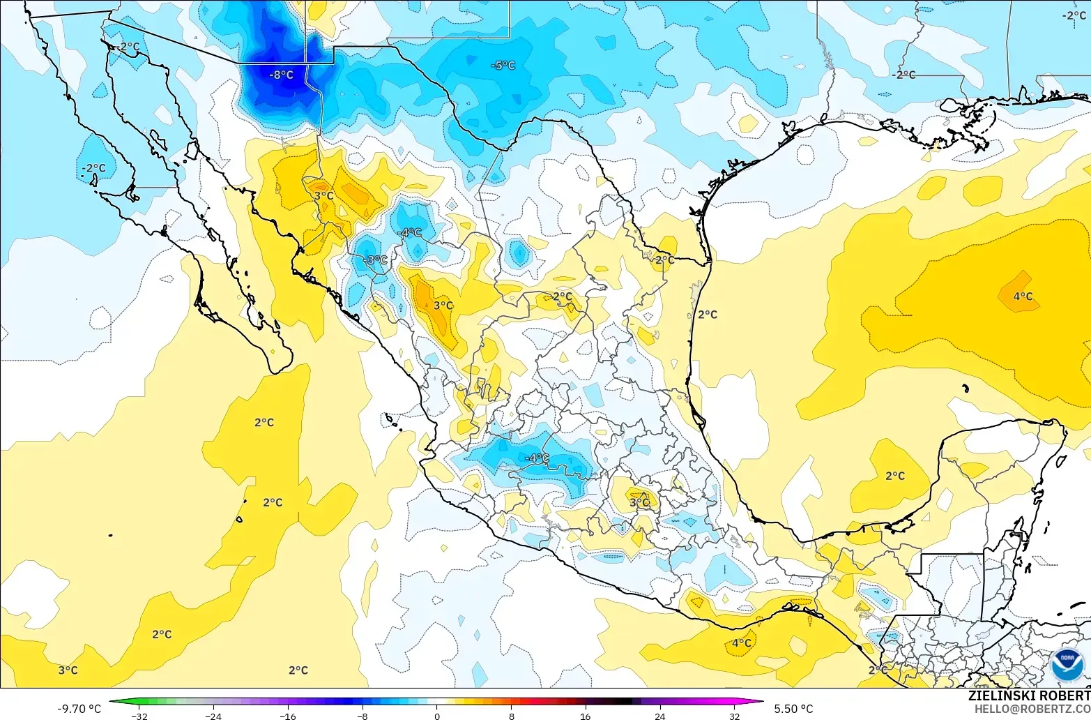 GFS モデル - メキシコ, 気温異常（850hPa）
