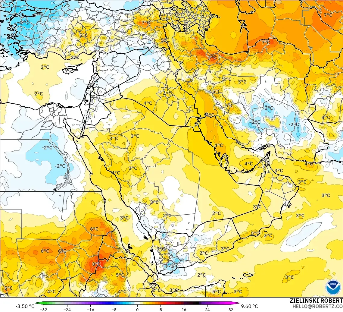 GFS モデル - 中東, 気温異常（850hPa）