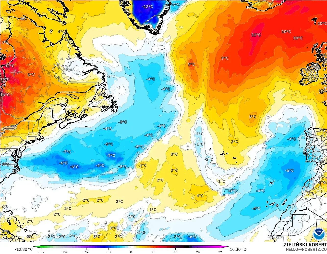 GFS モデル - 北大西洋, 気温異常（850hPa）