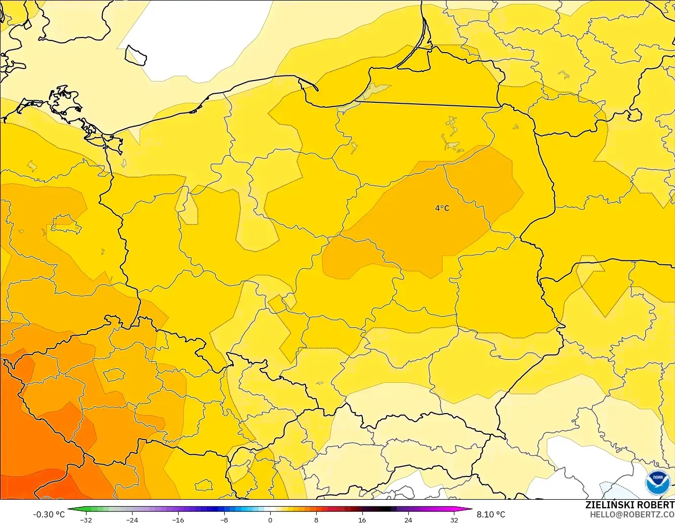 GFS モデル - ポーランド, 気温異常（850hPa）