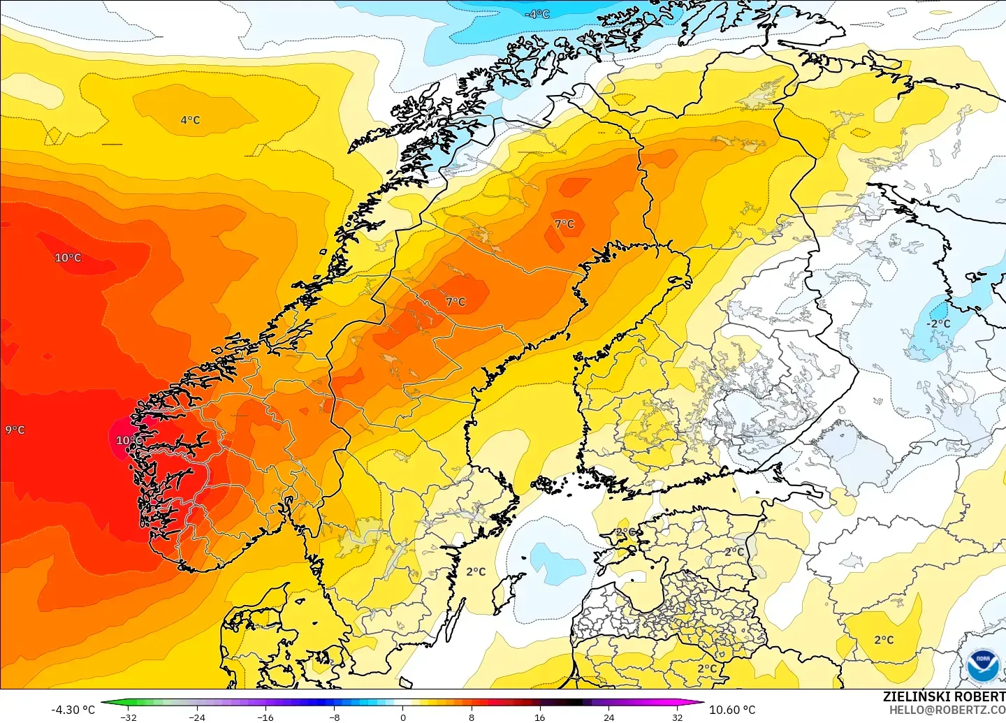 GFS モデル - スカンジナビア, 気温異常（850hPa）