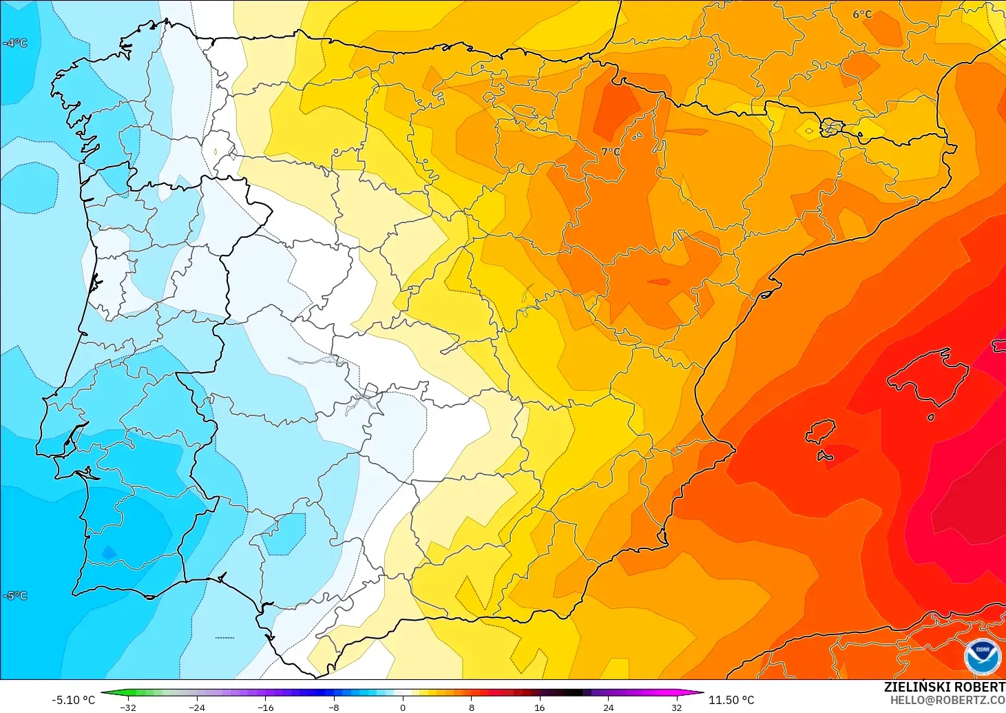 GFS モデル - スペイン, 気温異常（850hPa）