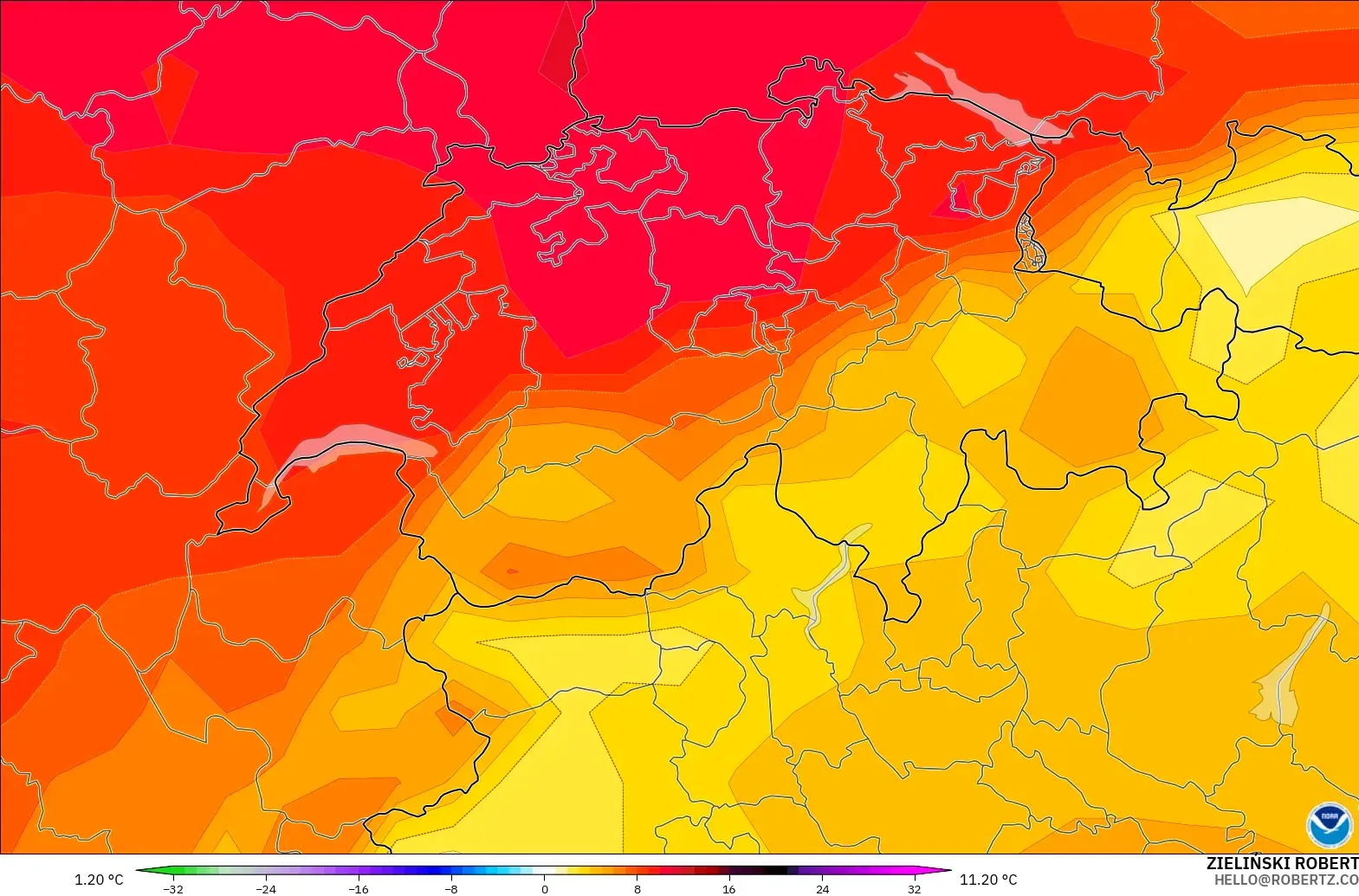GFS モデル - スイス, 気温異常（850hPa）